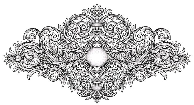 An ornate crest-style decorative ornament with elegant floral and scrollwork shaping. Suitable for luxury branding, premium packaging, wine labels, heraldic logos, classic emblems.