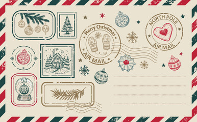 Christmas postcard, card with tree and ball, hand drawn illustration.	
