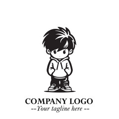 Black and White Chibi Boy Illustration with Jacket and Boots in Bold Thick Line Art Minimal Style