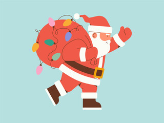Santa Claus is walking with a bag of gifts. Color vector illustration.