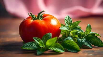 Fresh Red Tomato and Mint Leaves on Rustic Wooden Table, Dark Moody Still Life Photography Highlighting Natural Ingredients, Culinary Freshness, and Mediterranean Cooking Inspiration.
