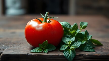 Fresh Red Tomato and Mint Leaves on Rustic Wooden Table, Dark Moody Still Life Photography Highlighting Natural Ingredients, Culinary Freshness, and Mediterranean Cooking Inspiration.