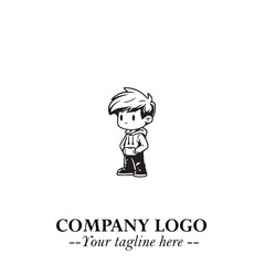 Black and White Chibi Boy Illustration with Jacket and Boots in Bold Thick Line Art Minimal Style