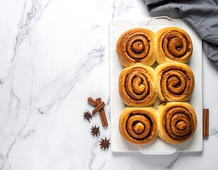Overhead shot showcasing freshly baked spiral-shaped pastries on a white serving board with cinnamon sticks and anise on marble