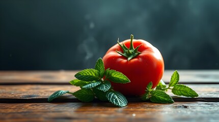 Fresh Red Tomato and Mint Leaves on Rustic Wooden Table, Dark Moody Still Life Photography Highlighting Natural Ingredients, Culinary Freshness, and Mediterranean Cooking Inspiration.