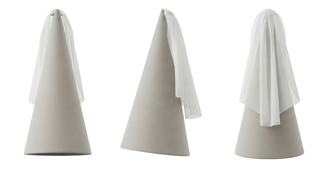Medieval hennin cone hat with white veil in three views for noble lady and princess costume