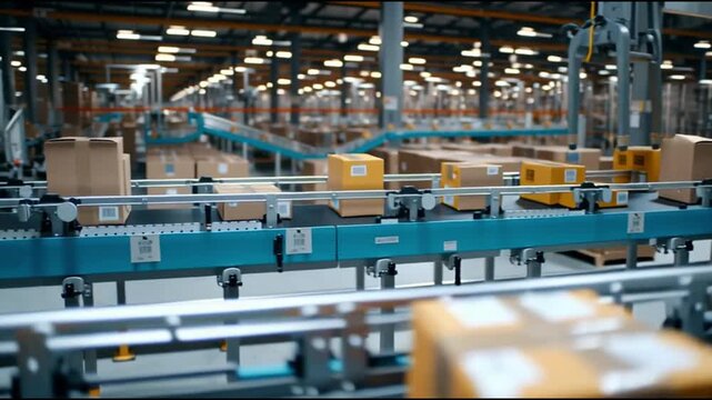 Supply chain resilience tech. Logistics automation forecasting management. Transportation. Cybersecurity. Blockchain. Packages on a conveyor belt in a logistics warehouse setting.