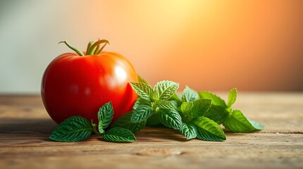 Fresh Red Tomato and Mint Leaves on Rustic Wooden Table, Dark Moody Still Life Photography Highlighting Natural Ingredients, Culinary Freshness, and Mediterranean Cooking Inspiration.