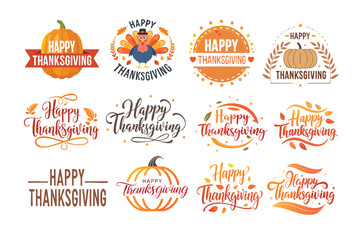 A collection of various colorful Happy Thanksgiving-themed typography designs, featuring pumpkins and festive text. Vector set typography Happy Thanksgiving