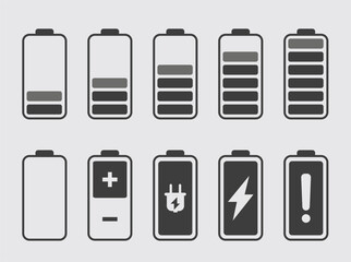 Battery Charge Level Indicator Icon Set — Power and Energy Vector Collection