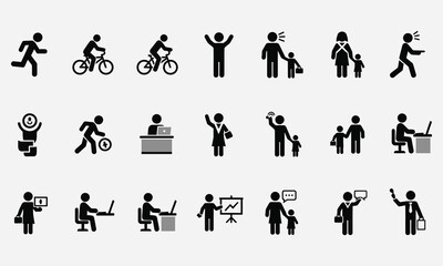 A diverse set of human pictograms illustrating everyday life, including work, family, and personal activities, designed as a simple vector icon collection