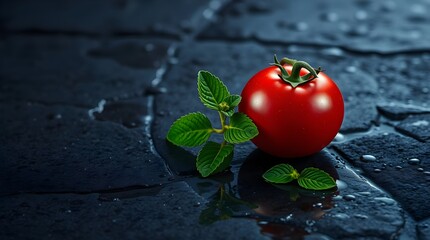 Fresh Red Tomato and Mint Leaves on Rustic Wooden Table, Dark Moody Still Life Photography Highlighting Natural Ingredients, Culinary Freshness, and Mediterranean Cooking Inspiration.