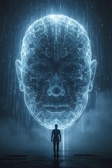 A human stands before a giant glowing holographic AI face made of blue digital lines, symbolizing technology, artificial intelligence, and the future of human-machine connection.