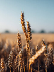 Golden wheat stalks swaying gently in the warm sunlight of a vast field under a clear blue sky with a serene and rustic countryside atmosphere