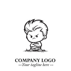 Black and White Chibi Boy Illustration with Jacket and Boots in Bold Thick Line Art Minimal Style