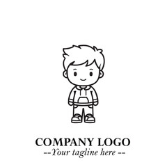Black and White Chibi Boy Illustration with Jacket and Boots in Bold Thick Line Art Minimal Style
