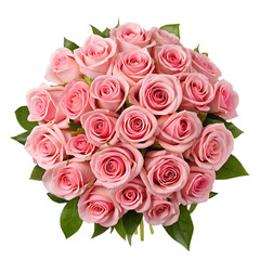A large bouquet of delicate pink roses with lush green leaves, perfect for gifting.