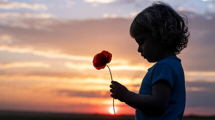 Young child in silhouette holding a single red poppy against a dramatic sunset sky