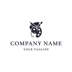 A black and white logo featuring a silhouette of a woman's head with a painter's palette and brushes.