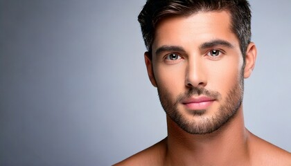 Confident Man with Short Beard and Clear Skin on Gray Background
