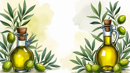 Olive watercolor background with fruits and oil.