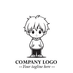 Black and White Chibi Boy Illustration with Jacket and Boots in Bold Thick Line Art Minimal Style