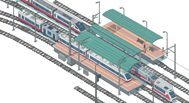 Isometric train station with multiple trains and platforms in urban setting