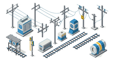 Fototapeta premium Isometric railway elements with tracks, poles, and signals