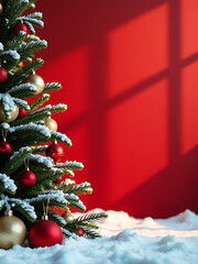snowy christmas scene unfolds red backdrop dense evergreen branches frosty leaves twinkling decorations balanced wide