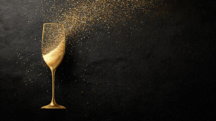 Golden champagne flute splashing sparkling glitter on a black background, symbolizing luxury celebration, festivity, happy new year, party, elegant event, and success
