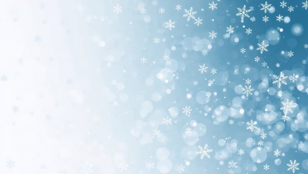Winter holiday celebration background featuring a digital illustration of soft falling snow and shimmering bokeh particles against a cool blue gradient