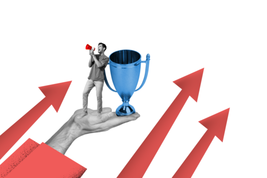 Creative collage picture young man announce information loudspeaker leadership victory winner award prize drawing background