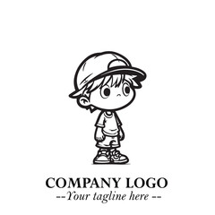 Black and White Chibi Boy Illustration with Jacket and Boots in Bold Thick Line Art Minimal Style