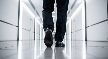 Feet of business people walking down a bright modern office corridor, career and advancement concept