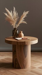Minimalist wooden table with pampas grass in a vase, ceramic jug, and plate in warm lighting and neutral tones, creating a serene modern aesthetic.