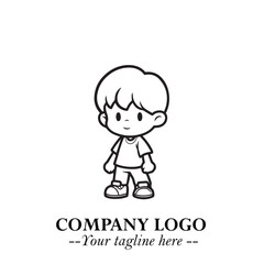 Black and White Chibi Boy Illustration with Jacket and Boots in Bold Thick Line Art Minimal Style
