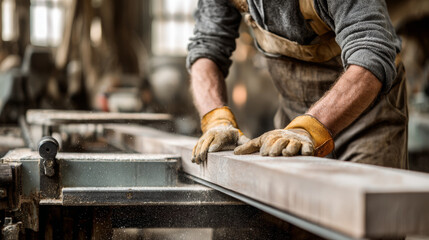Professional carpenter hands wearing protective gloves operating woodworking machine, cutting timber plank in workshop, creating custom furniture and wood products with skill and precision