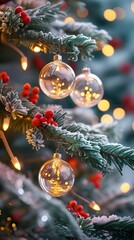 A close-up of a snow-covered Christmas tree branch with glowing lights, red berries, and a glass ornament, creating a warm festive holiday atmosphere.