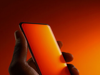 Person holding a modern smartphone with an edge-to-edge glowing orange screen against a matching vibrant background for technology concept photography