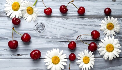 Overhead shot of red cherries and white daisies scattered on a weathered, painted wooden surface