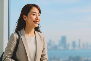 Smiling Businesswoman Standing by Window with City Skyline in Background