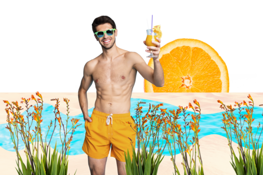 Composite photo collage of happy guy hold cocktail beverage summer travel resort stand ocean beach flower isolated on painted background