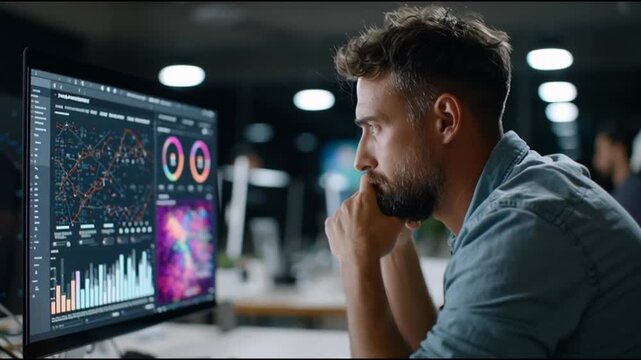 Supply chain resilience tech. Logistics automation forecasting management. Transportation. Cybersecurity. Blockchain. Man analyzing data on a modern computer screen in an office setting.