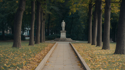 A solitary statue stands at the end of a long pathway lined with tall trees