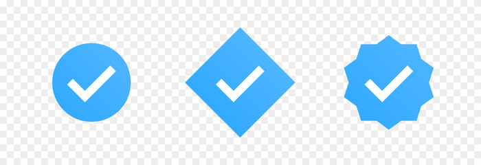 A set of blue checkmark icons. Identity verification icon PNG. Icons of various colors and shapes.