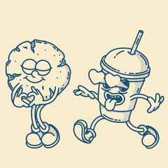 Happy retro mascot cookie and coffee to go character, smiling, love heart gesture. Menu, homemade bakery symbol