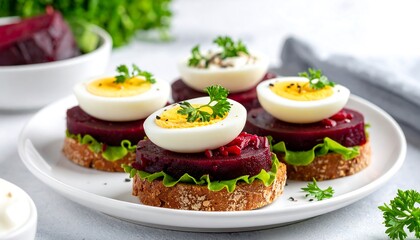 Overhead shot of savory bite-sized appetizers. Rye bread base topped with vibrant beetroot, lettuce, halved egg, and garnish