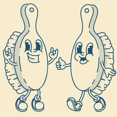 Playful pair of retro brush mascots - wooden and natural. Wholesome vector art for eco bath accessories and packaging