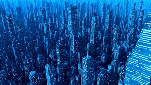 A densely packed city landscape with towering buildings and a striking blue monotone filter