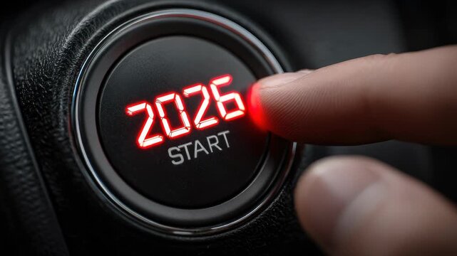 Close-up of a hand pressing a car start button with futuristic 2026 digital display, symbolizing automotive innovation, smart technology, electric vehicles, and advancements in modern transportation.